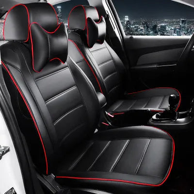 Cow leather universal car seat cover shown in beige and black with red accent colour options.