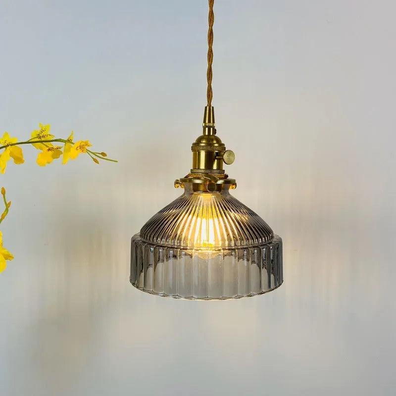Nordic retro brass glass chandelier ceiling light with adjustable height and choice of coloured lampshades