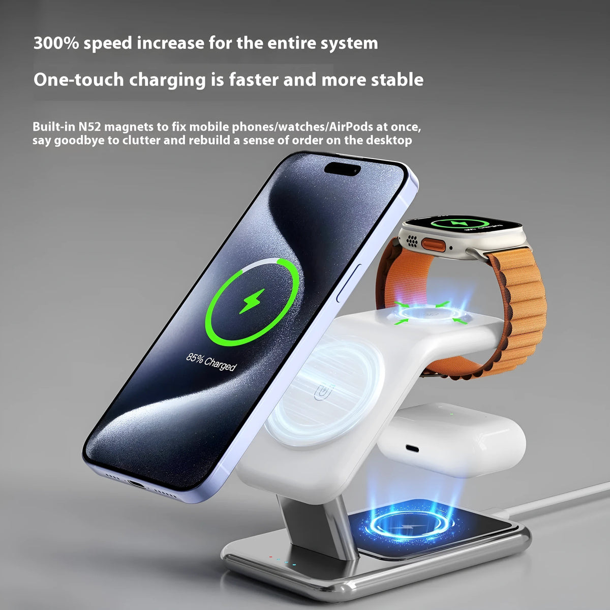 3-in-1 magnetic wireless charging bracket in black with phone, watch, and earbuds placed on charging pads