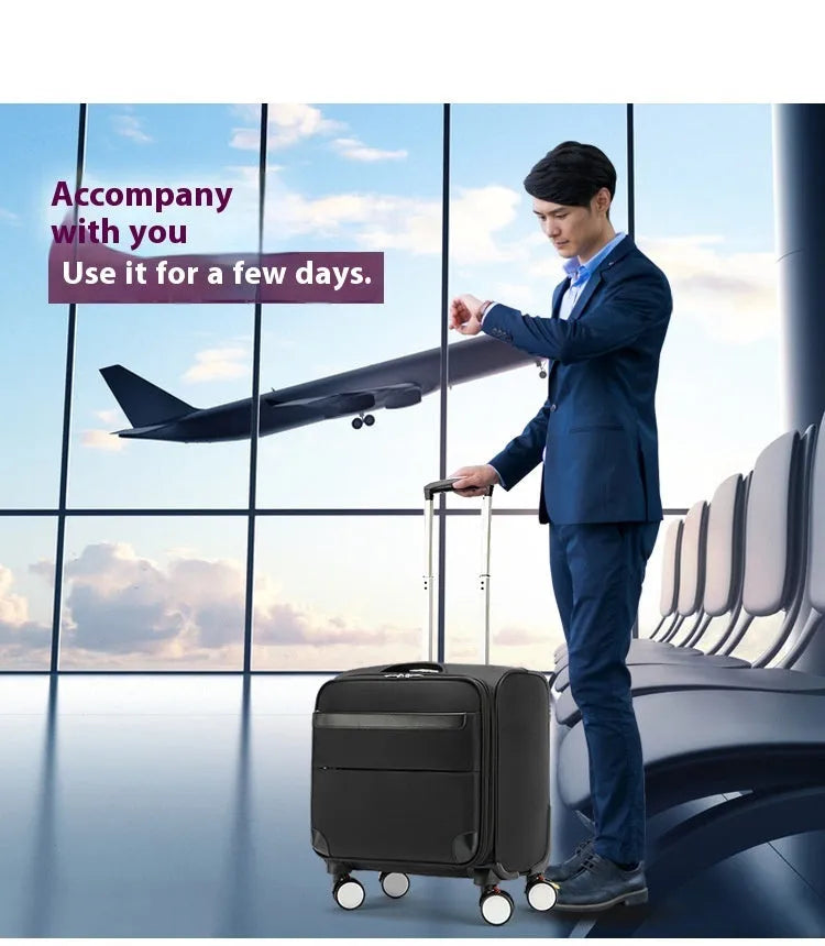 18-inch black Oxford cloth boarding suitcase with retractable handle and universal wheels