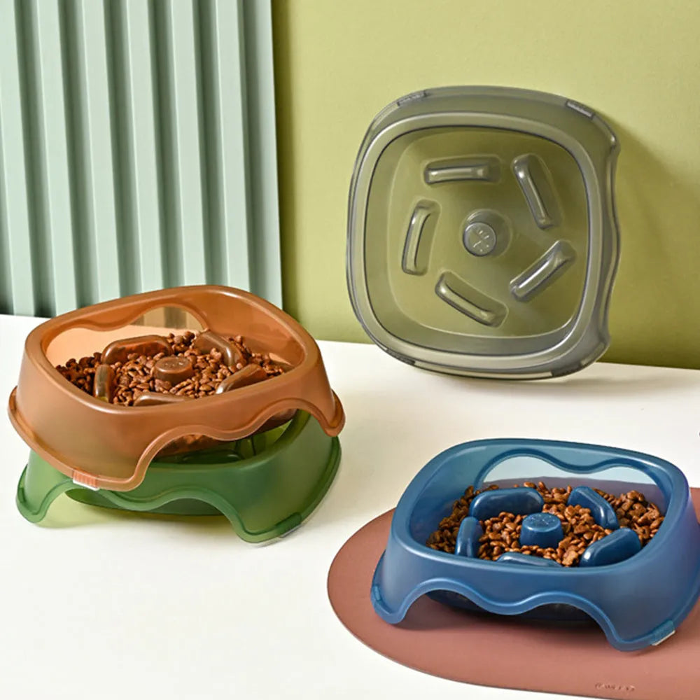 Plastic slow feeder dog bowl with maze pattern design in blue colour for anti-choking feeding