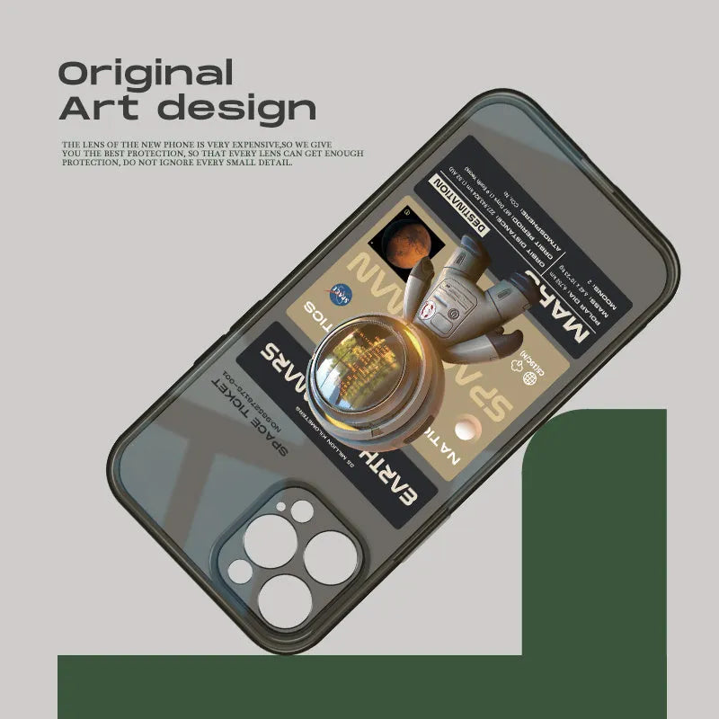 Black soft TPU iPhone case with Mars ticket graphic design, showing front and back views.