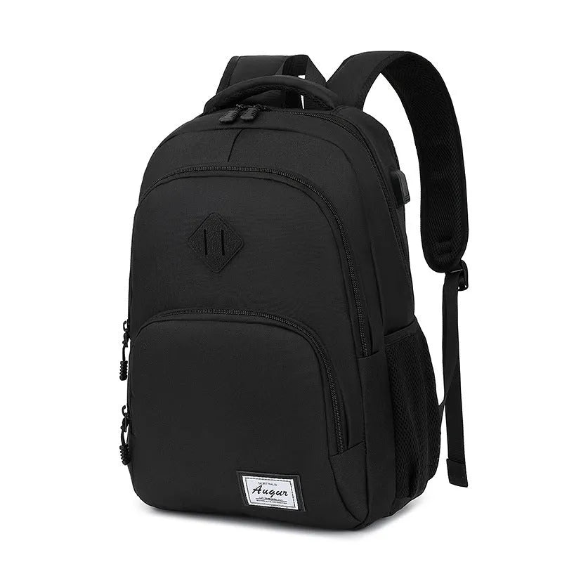 Grey and black USB charging backpack with trolley sleeve, shown with dimensions 32cm by 15cm by 46cm.