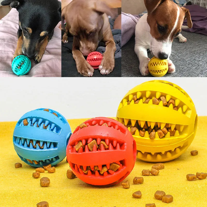 Rubber slow feeder dog ball toy in blue green red orange yellow sky blue, 5cm and 7cm sizes