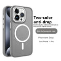 Magnetic frosted iPhone case with metal lens circle in black, blue, gray, and orange, shown on an iPhone.