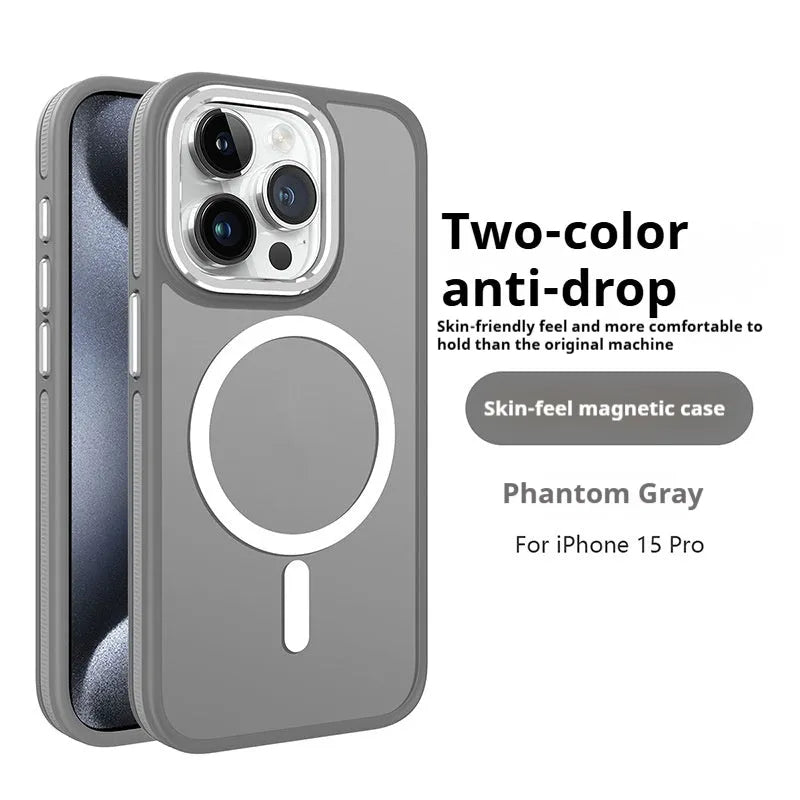 Magnetic frosted iPhone case with metal lens circle in black, blue, gray, and orange, shown on an iPhone.