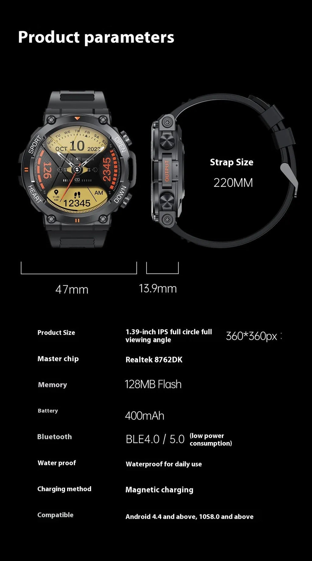Smart watch with IPS screen and touch button, black gray or green colour options