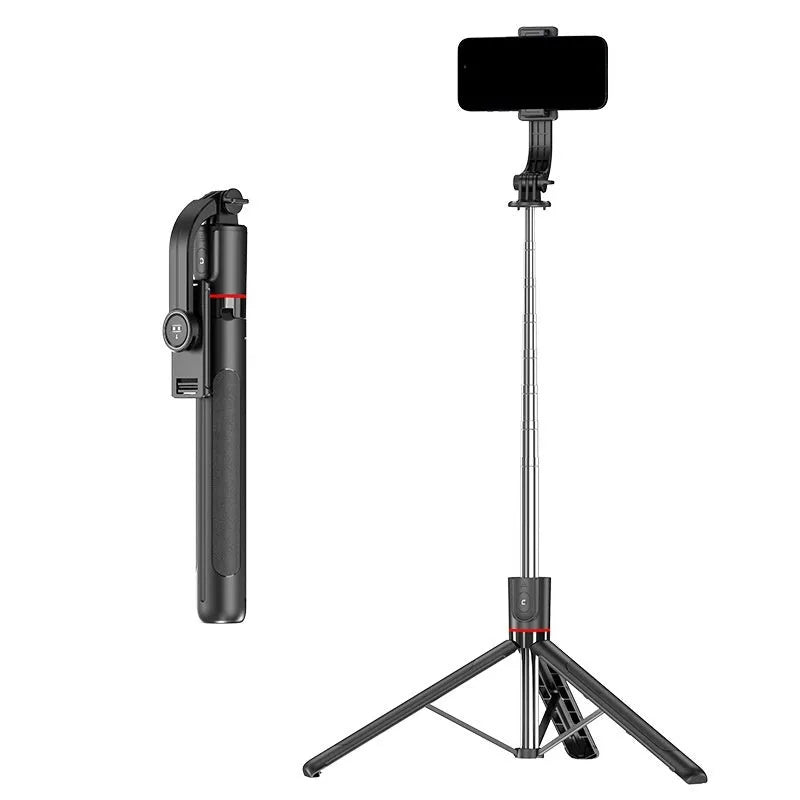 Portable tripod selfie stick with Bluetooth remote telescopic rod in black ABS and stainless steel