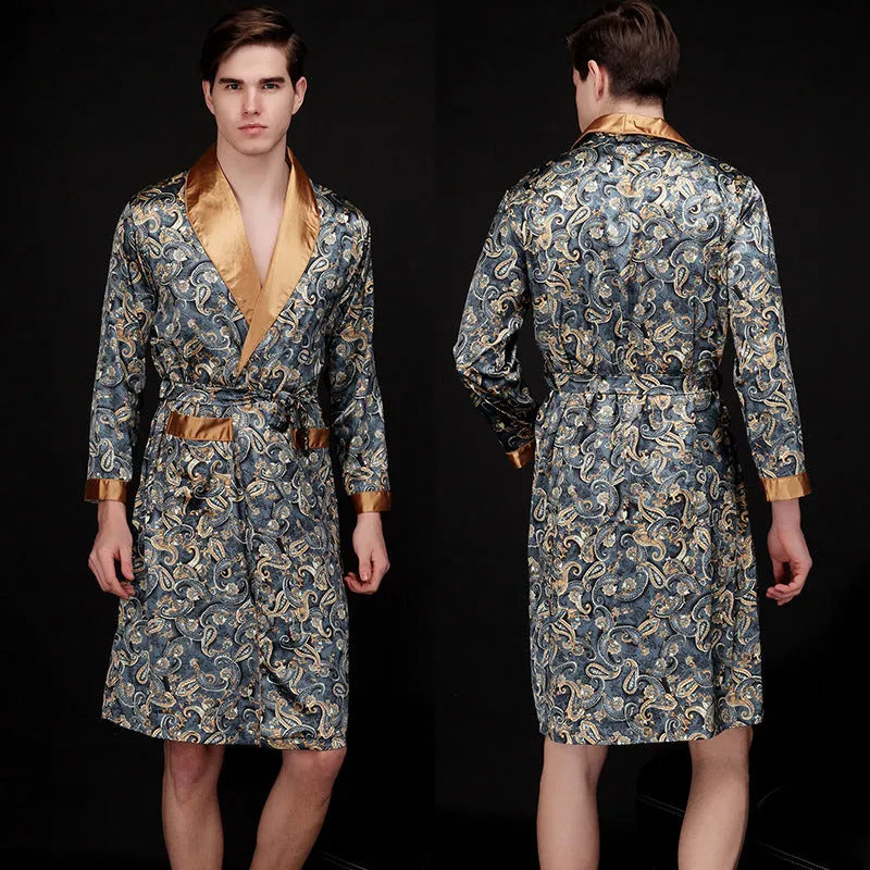 Men's long ice silk nightgown in coffee or navy blue, ultra-thin polyester summer sleepwear