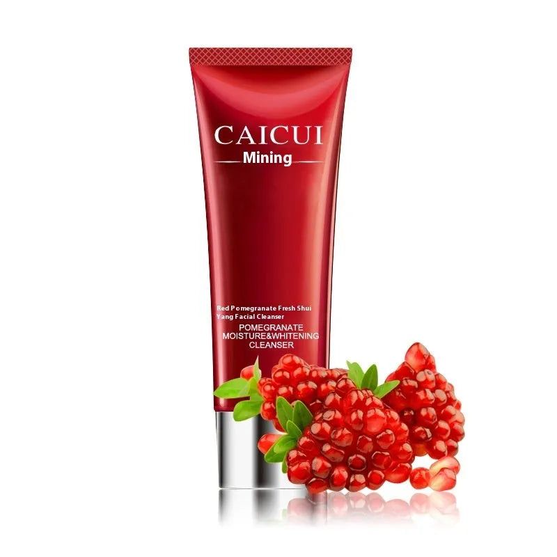 Pomegranate skincare set with four red bottles: face wash, toner, lotion and facial cream