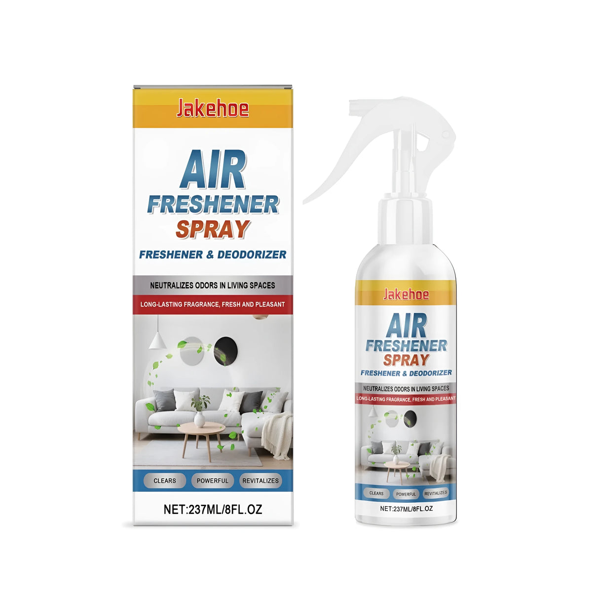 237ml clear bottle of air freshener spray on a counter