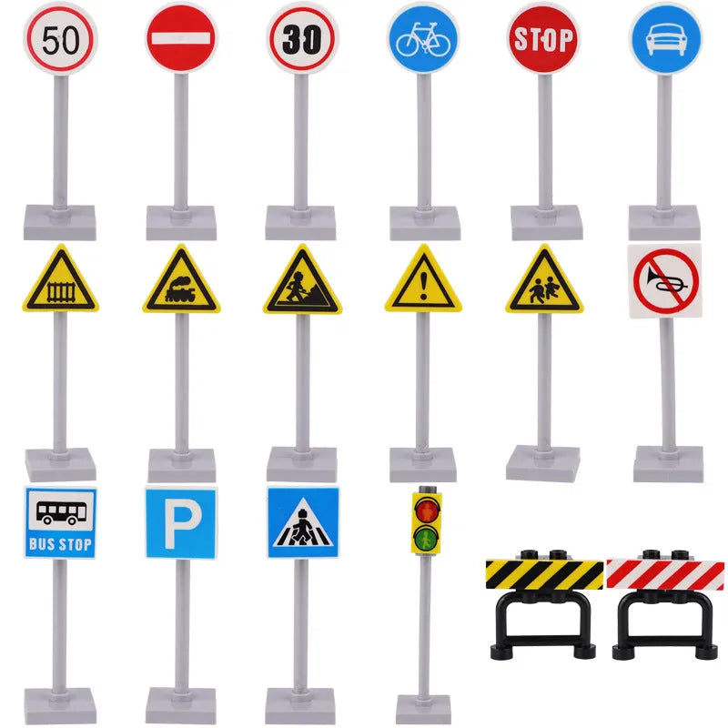 Traffic sign building blocks set with 18 plastic sign poles in yellow and orange colours on a white background