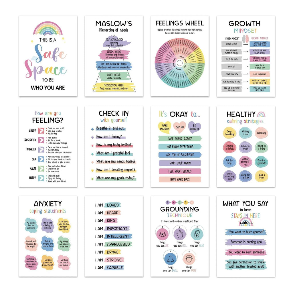 Set of 12 mental health posters printed on coated paper with bright film finish, 255 x 355mm