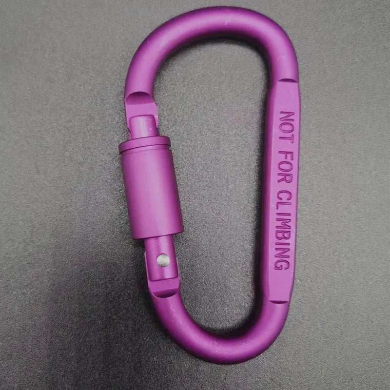 Aluminium D-shaped carabiner with lock shown in multiple colour options including black, silver, red, and blue.