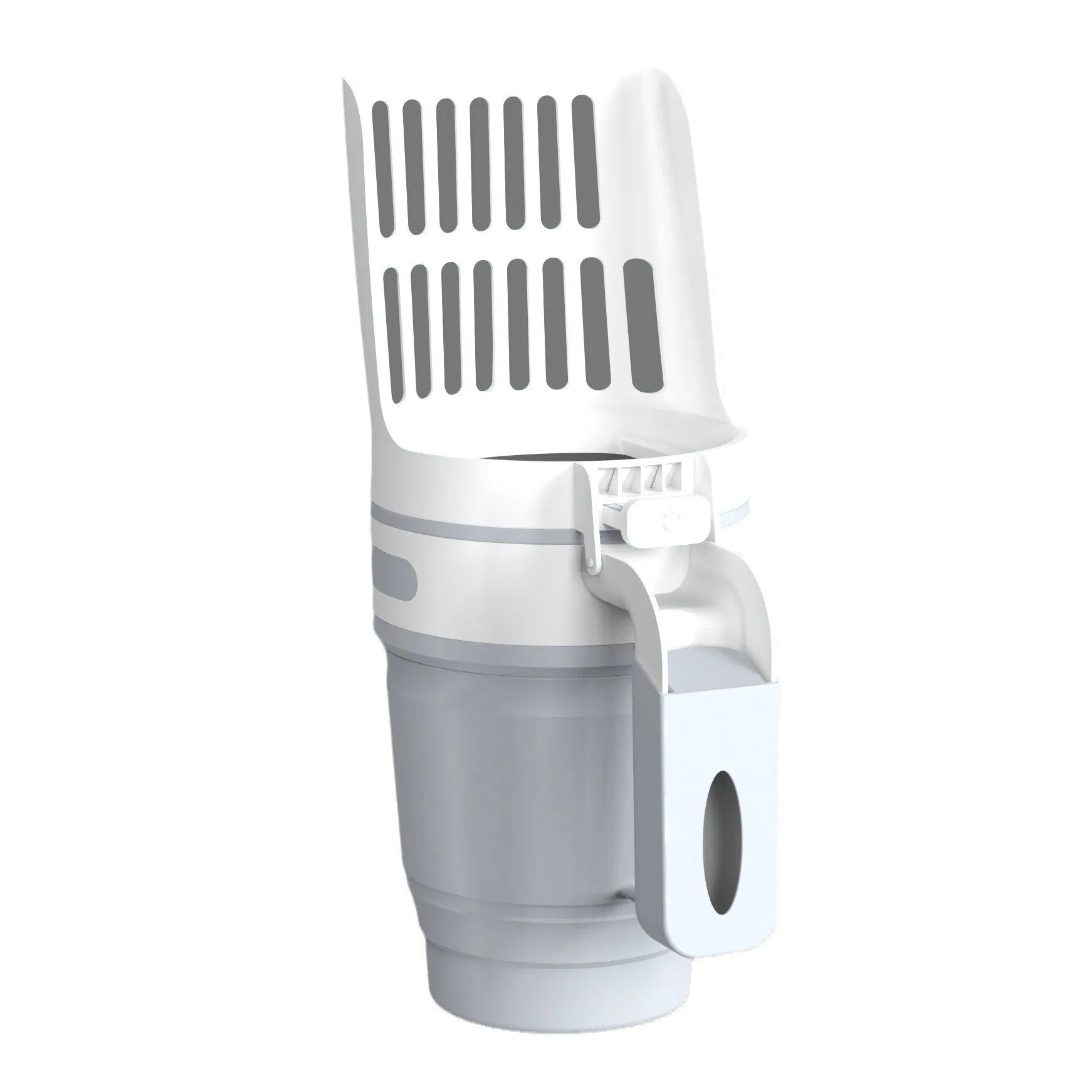 Grey, blue, and green cat litter scoop with attached foldable waste bin and refill bags.