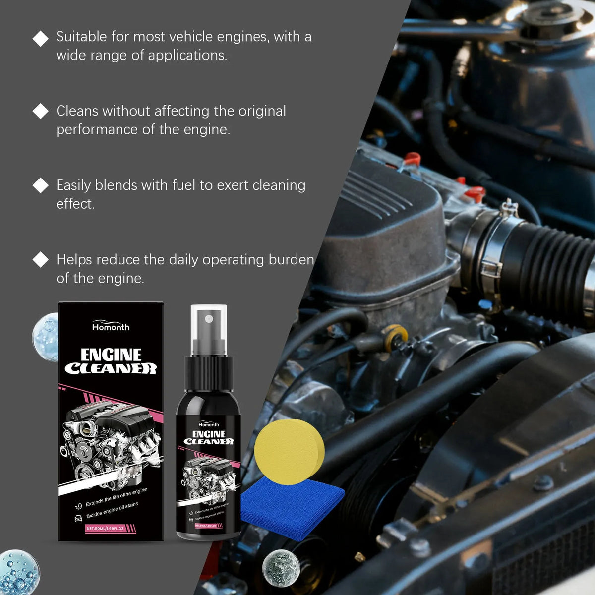 50ml engine cleaner bottle with sponge and rag for car engine cleaning