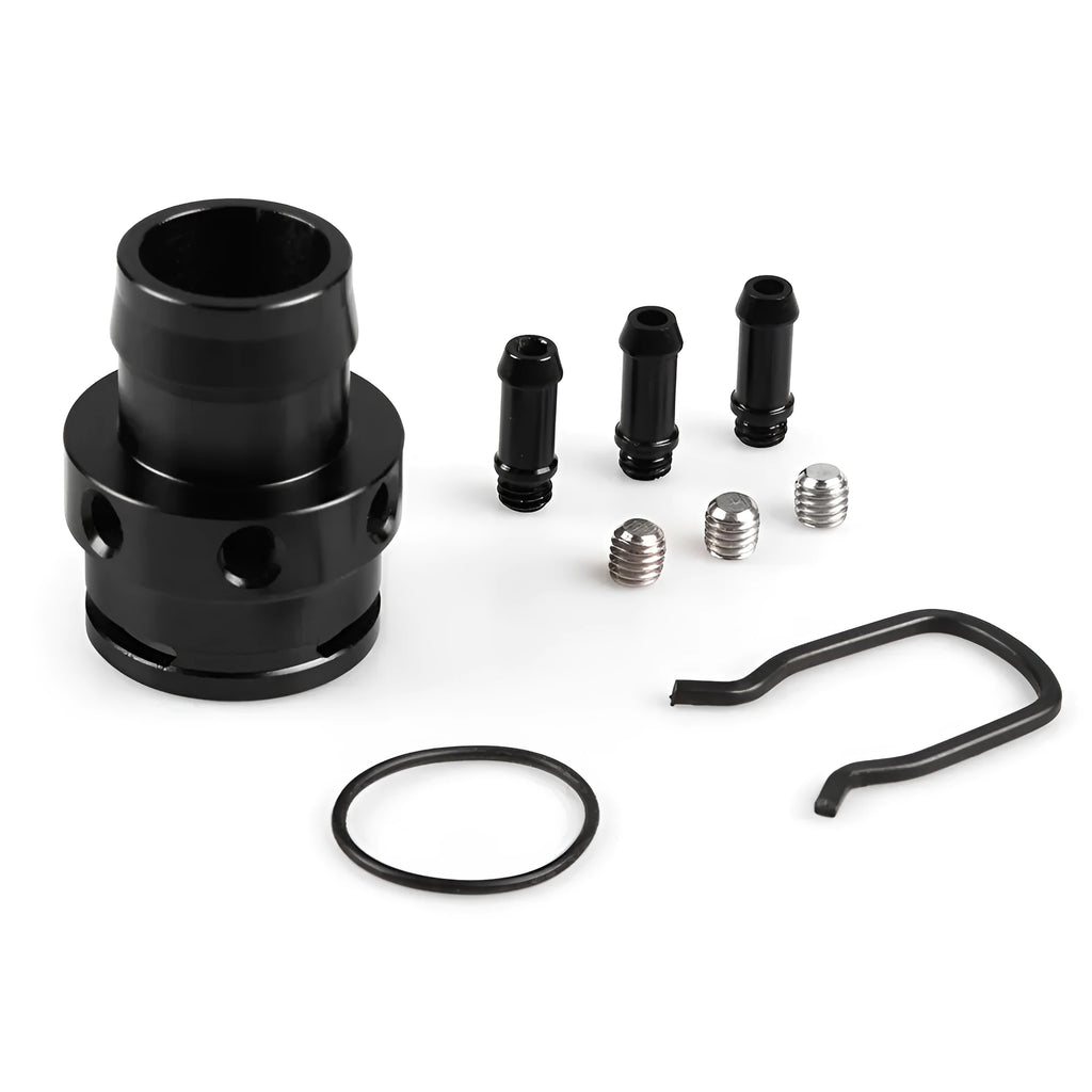 Second generation engine vacuum adapter tee in black and titanium colour options for automotive hose connections