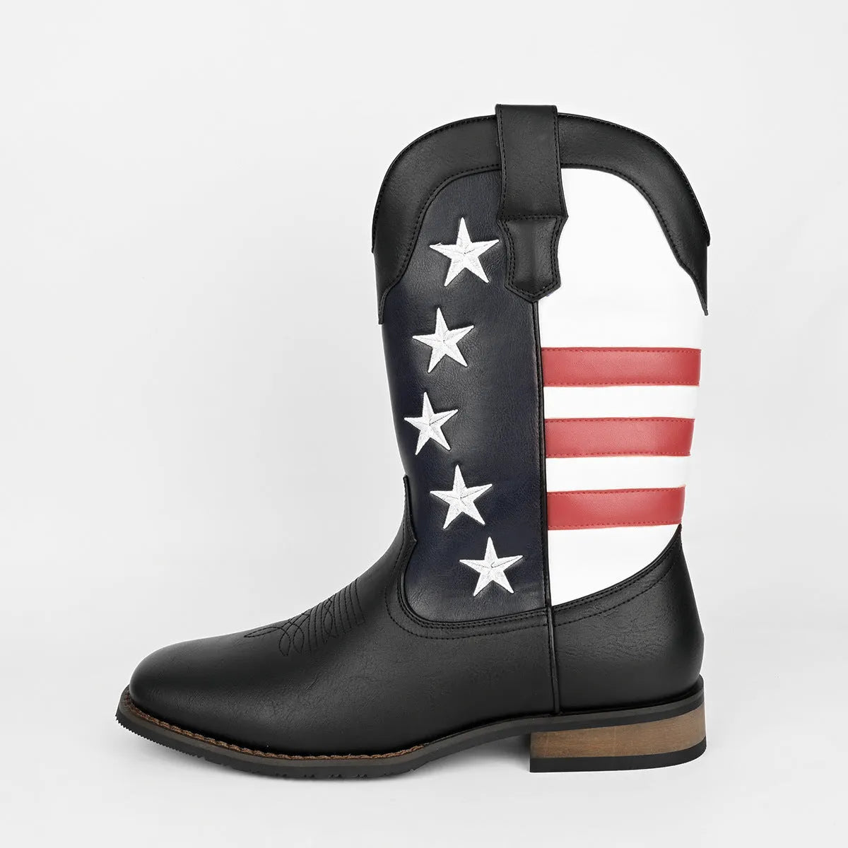 Men's black five-pointed star suit Western cowboy boots with round toe and square low heel.