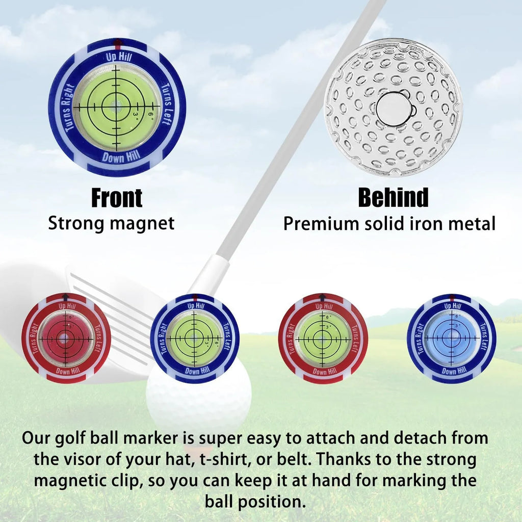 Golf level hat clip device showing coloured water indicator for slope measurement