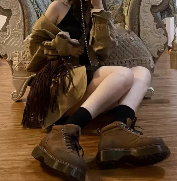 Brown matte synthetic leather retro boots with thick TPR sole, sizes 35-39