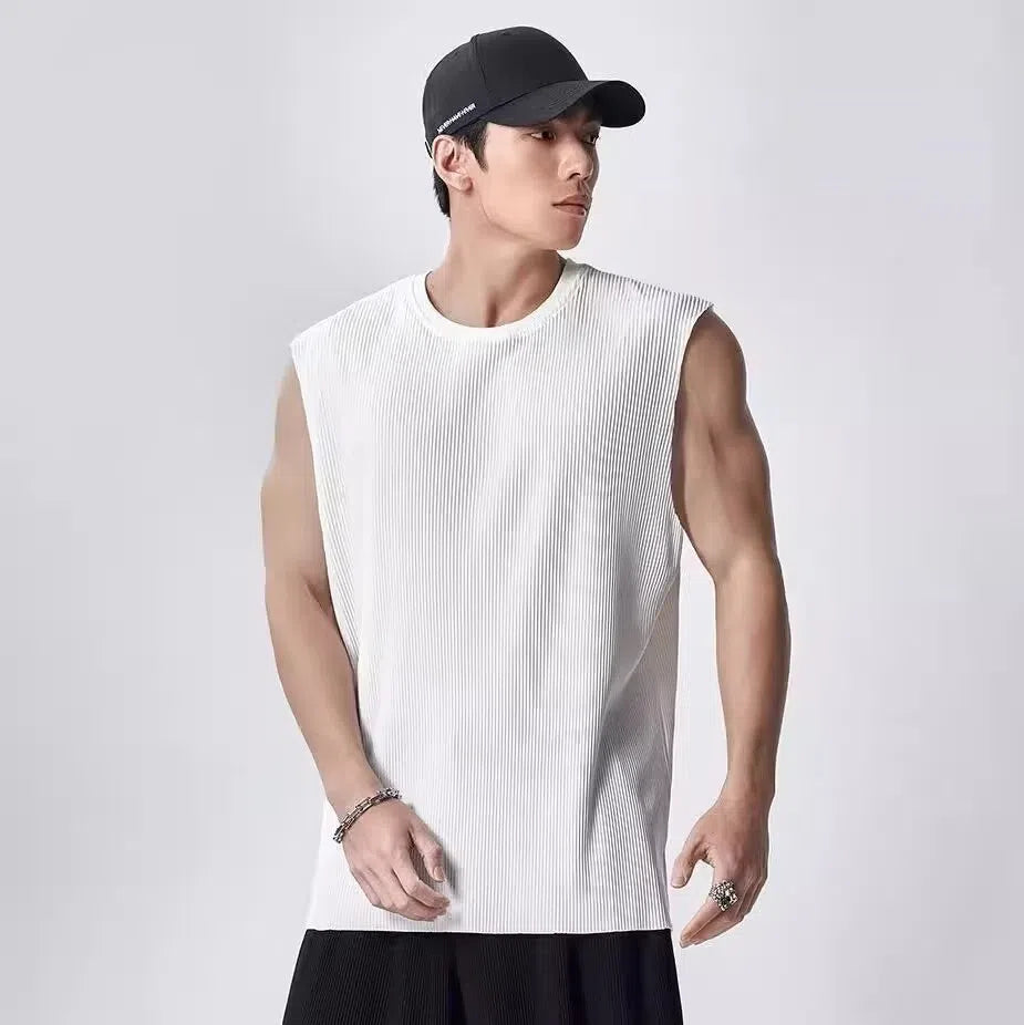Men's sleeveless striped hooded vest in white or black, thin 100% polyester, sizes M to 3XL