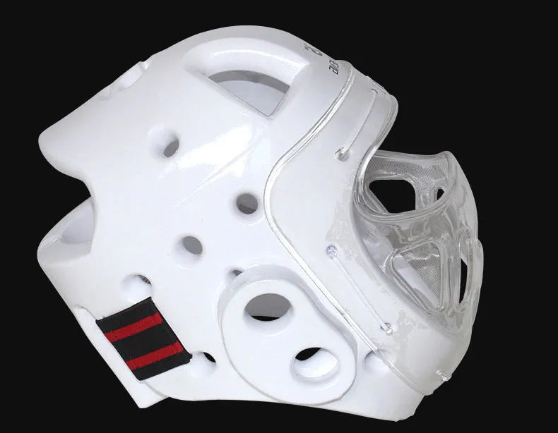 Karate training helmet for boxing head protection in blue colour with adjustable chin strap