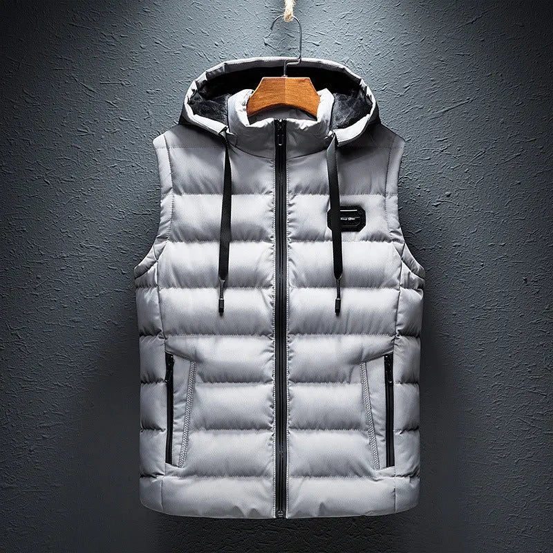 Men's slim waistcoat cotton-padded jacket with zipped pockets, straight hem and cardigan front, shown in solid colour