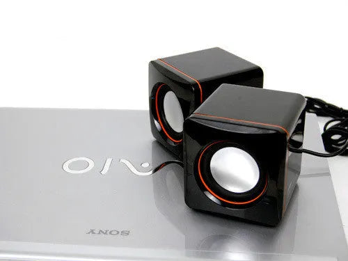 Small square black USB speaker for Model 700B computer on a desktop