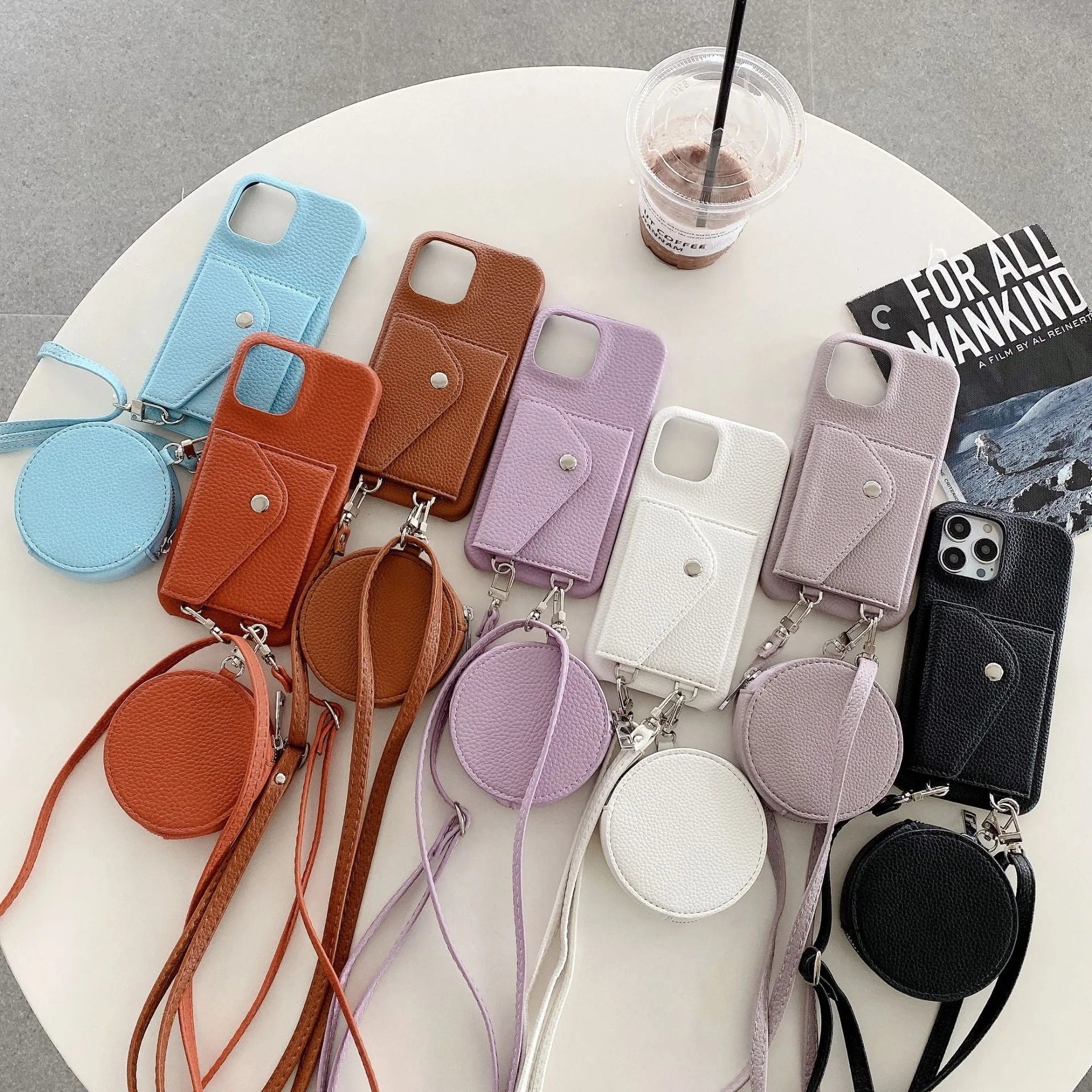 PC leather card holder coin purse crossbody phone case for iPhone, available in black, orange, and white
