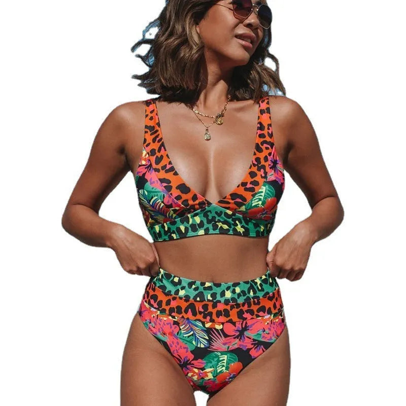 Women's floral print high waist bikini swimsuit set in polyester