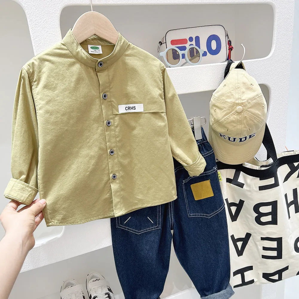 Boys casual solid colour long sleeve cotton shirt in green khaki or white