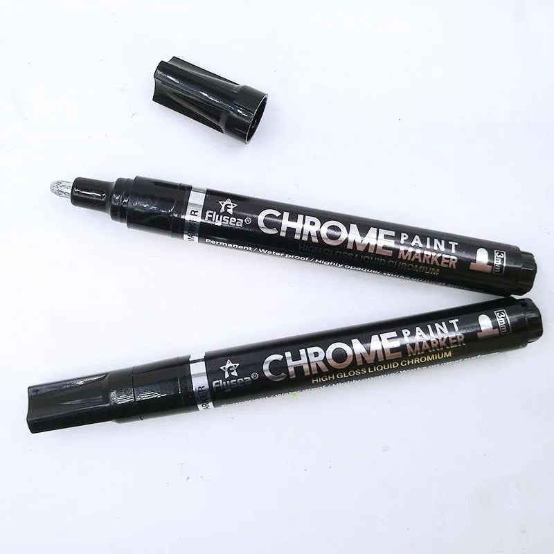 Mirror pen reflective paint marker with chrome-plated finish, 3.0mm writing width, plastic shell and 25g weight