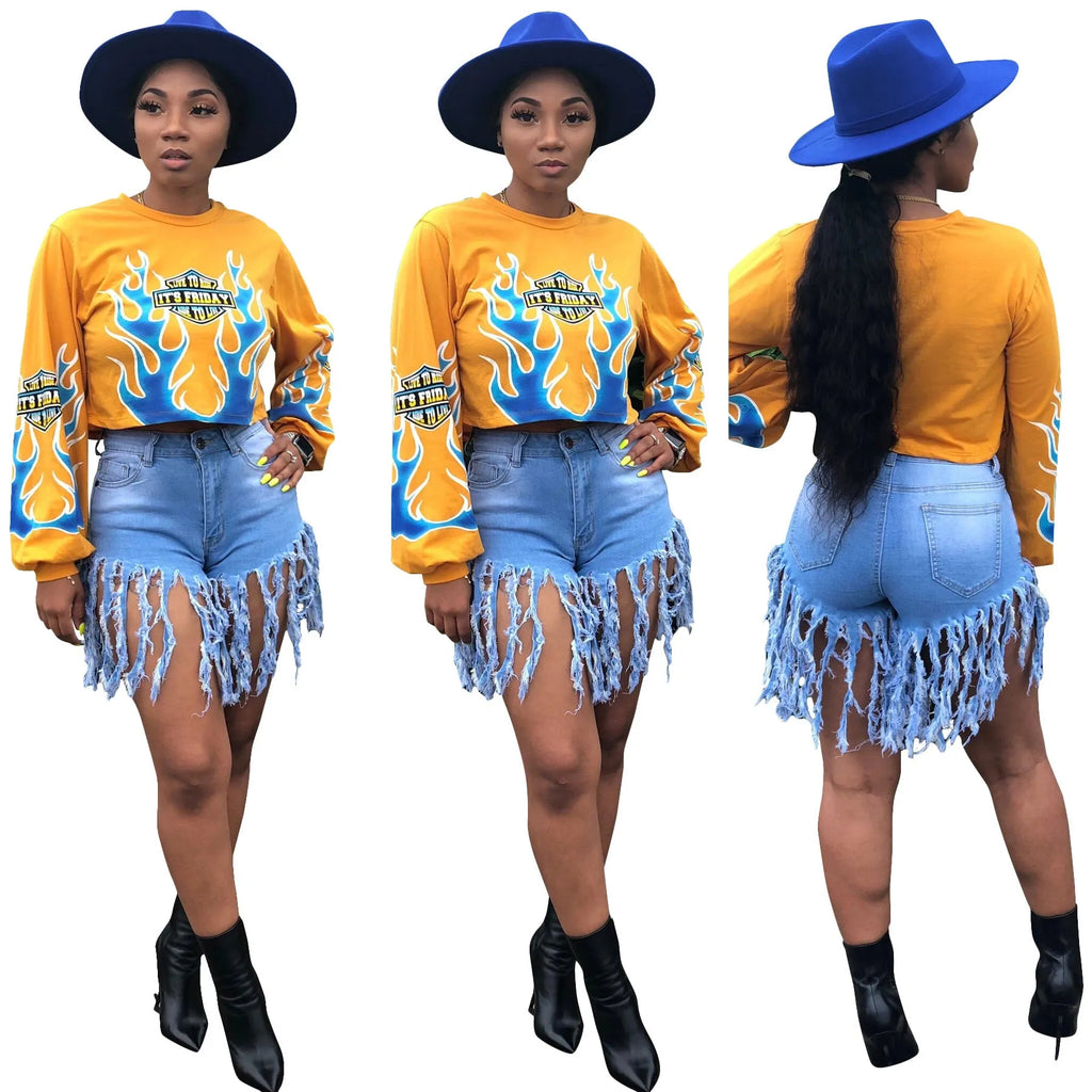 Women's white flame positioning printed long-sleeved polyester pullover sweater with loose fit