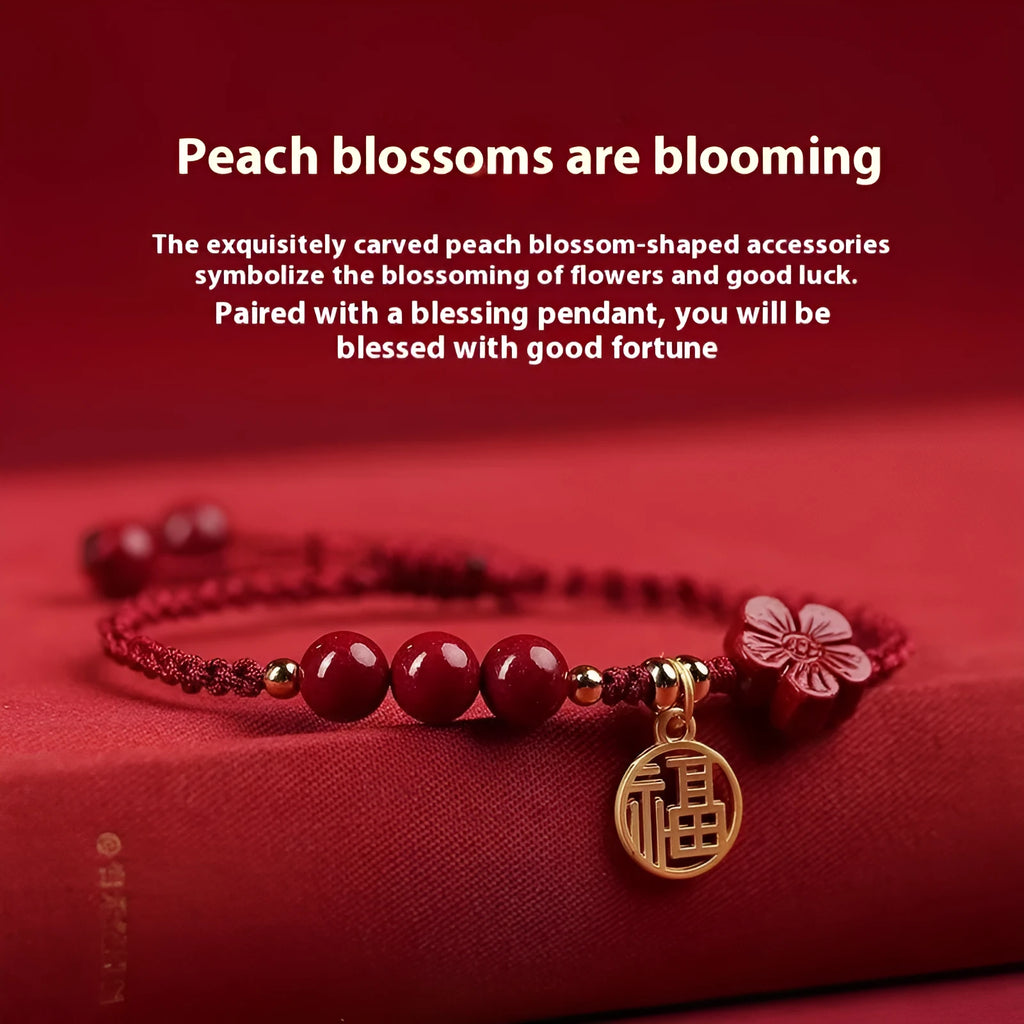 Cinnabar braided rope bracelet with blessing card in black, red, or wine red, round bead or five petal flower style