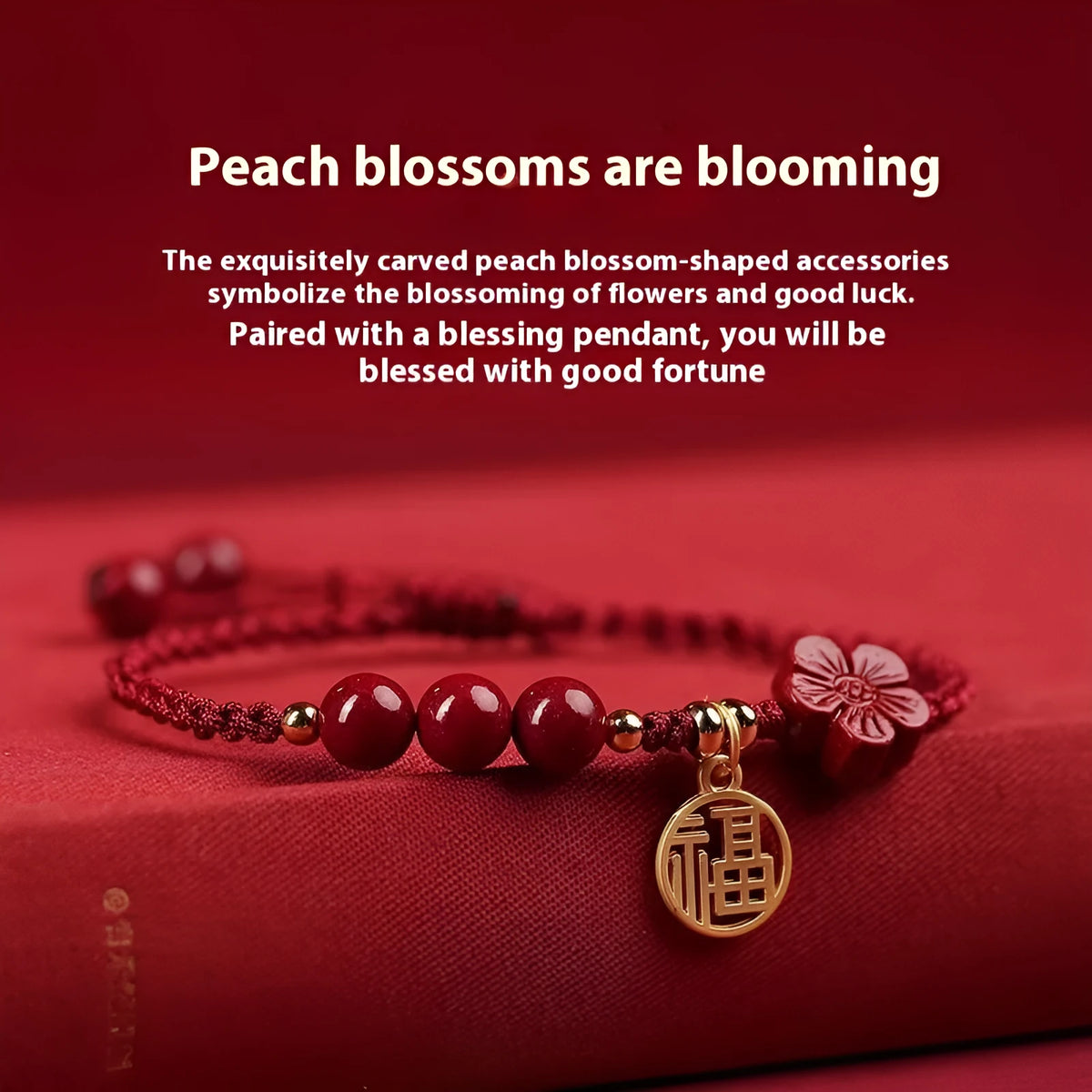 Cinnabar braided rope bracelet with blessing card in black, red, or wine red, round bead or five petal flower style