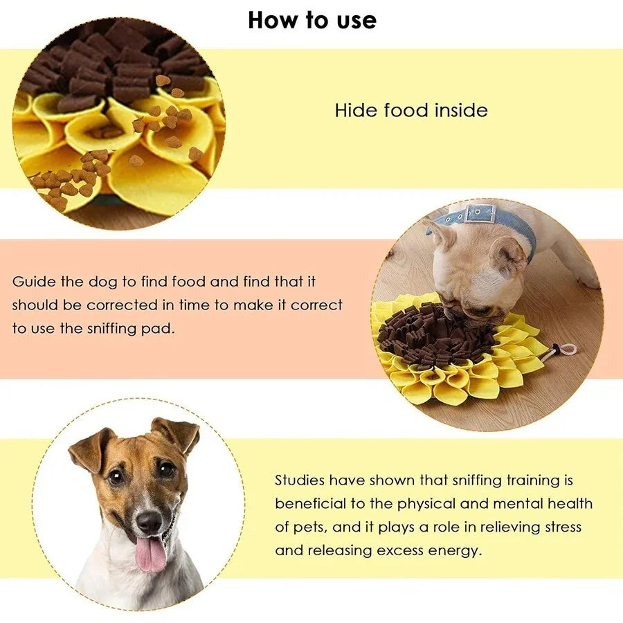 Yellow sunflower-shaped dog snuffle mat with rope and buckle for slow feeding and nosework training.