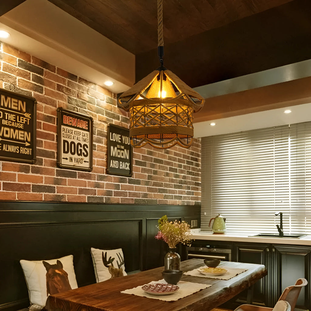 Hemp rope retro industrial chandelier ceiling light with natural rope texture over metal frame