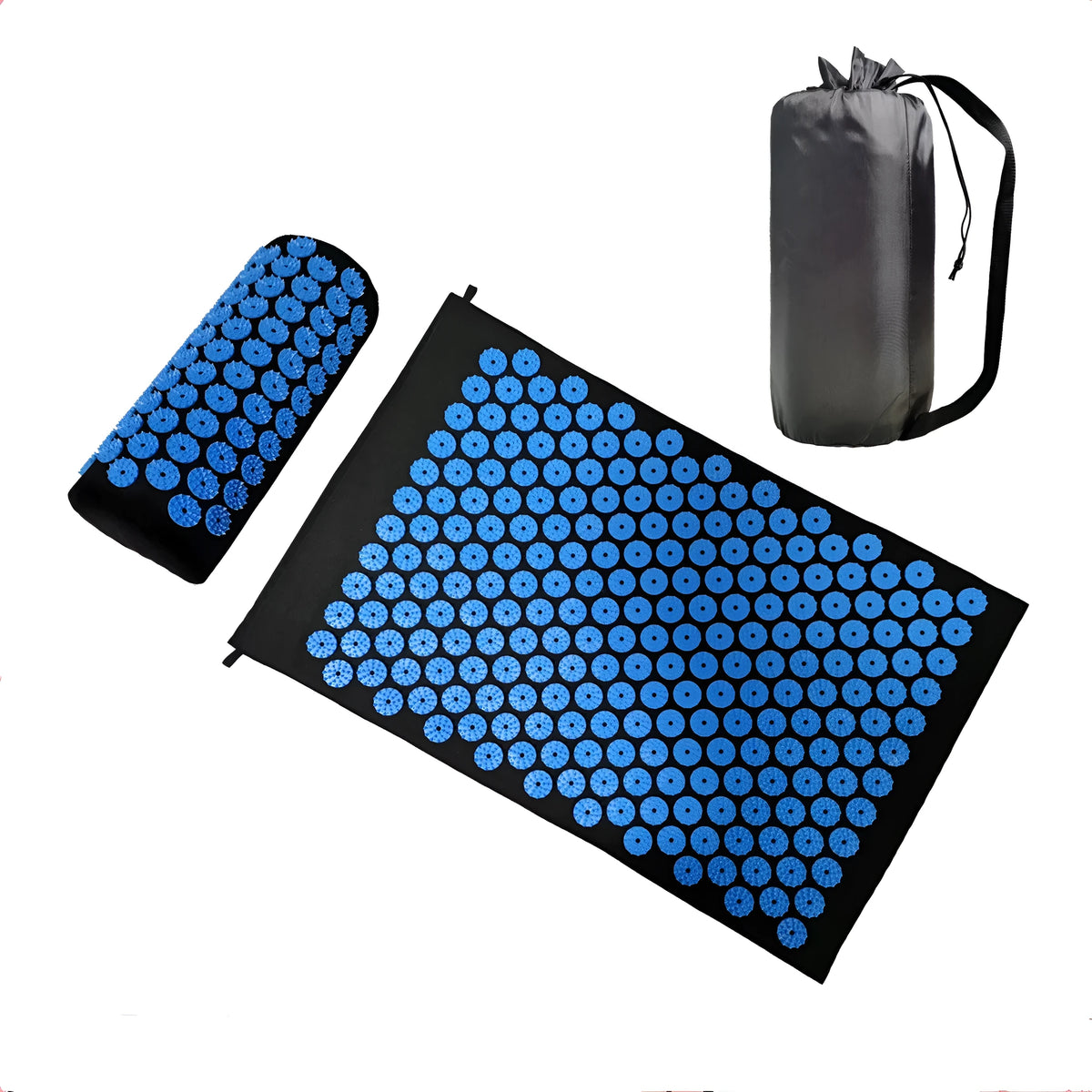 Acupuncture massage mat set with 68x42x2cm cushion and 38x15x10cm headrest in black and blue