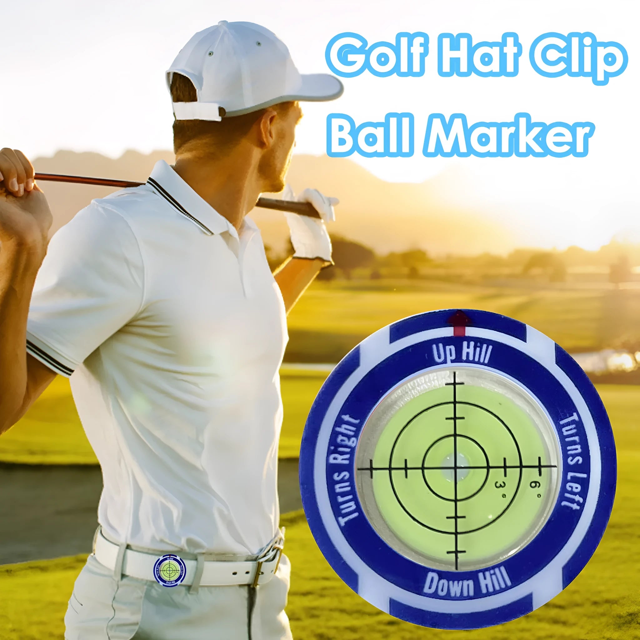 Golf level hat clip device showing coloured water indicator for slope measurement