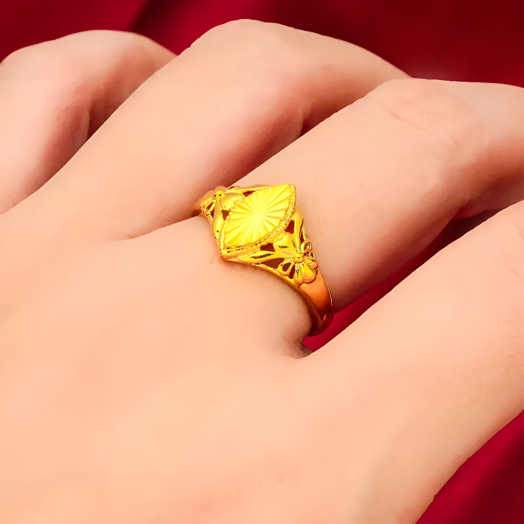 Alluvial gold open flower ring for girls featuring geometric texture and adjustable brass band