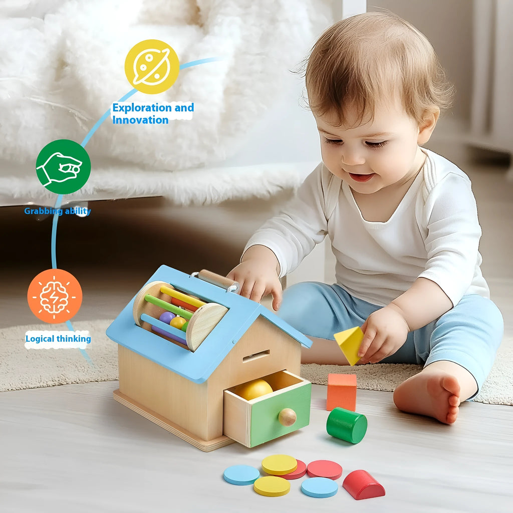 Wooden Montessori cottage educational puzzle toy set for children aged 4-6 in a colour box.