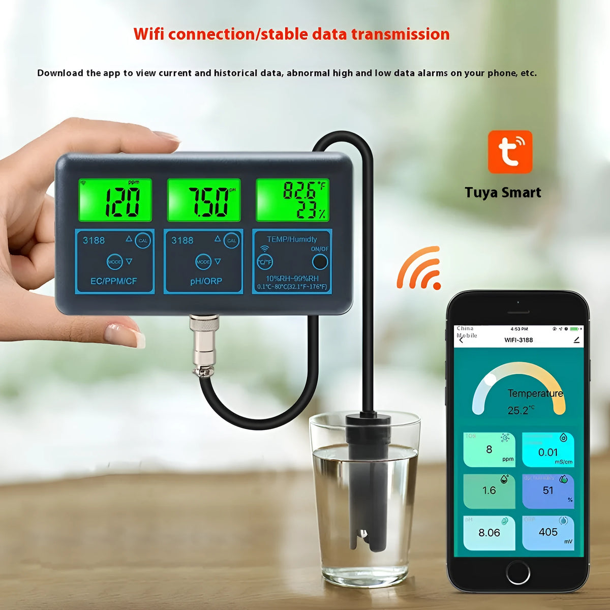 Black 7-in-1 WiFi water quality monitor with electrode, measuring EC TDS pH ORP temperature humidity