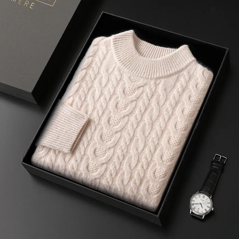 Men's wool sweater with half turtleneck and cable knit in navy blue, beige, or camel, fitted pullover, sizes S-XXXL