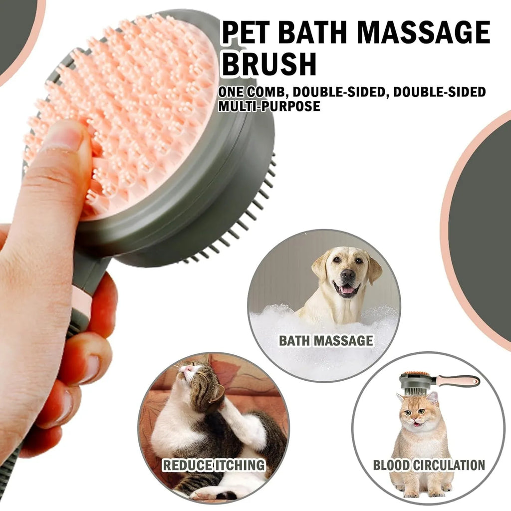 Pink and green double-sided cat brush with flea comb and release button for pet grooming.