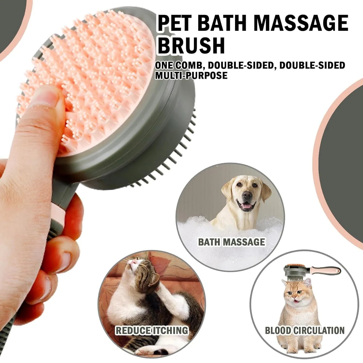 Pink and green double-sided cat brush with flea comb and release button for pet grooming.