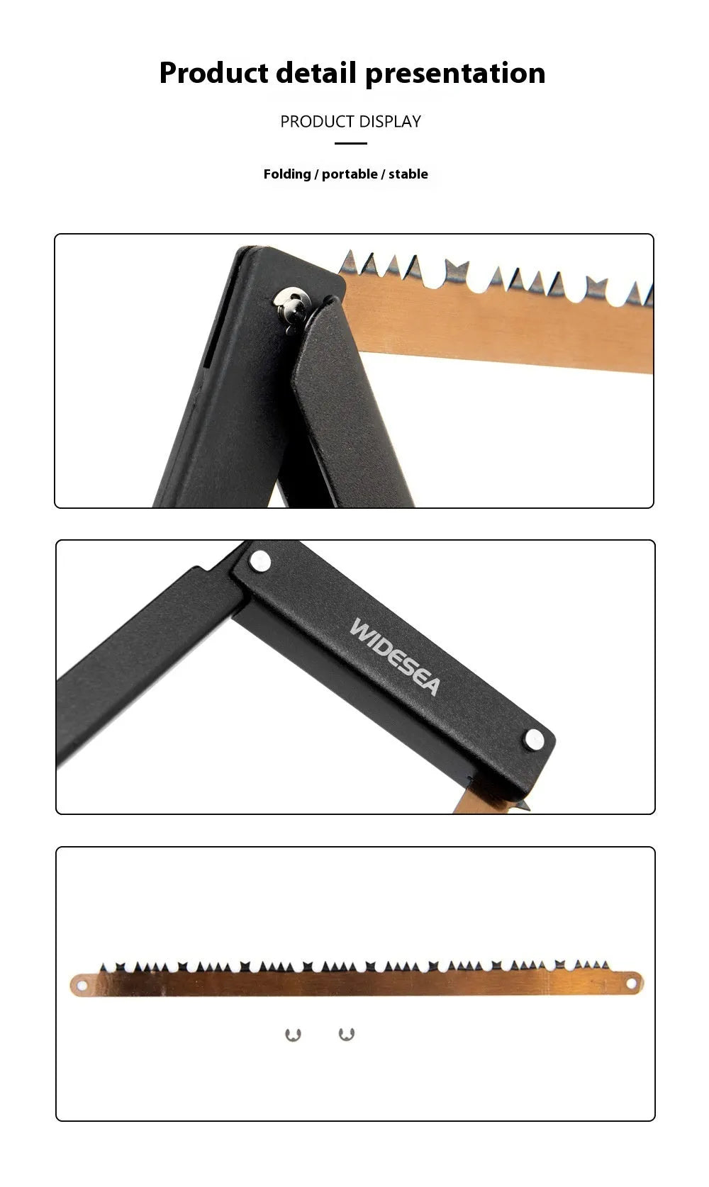 Black outdoor folding saw with aluminium and PA66 nylon handle and No. 65 Gao Meng hacksaw blade