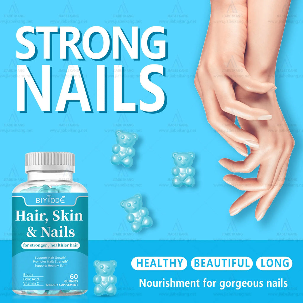 Bottle of hair skin and nails vitamin gummies with biotin, folic acid and vitamin C, 60 gummies