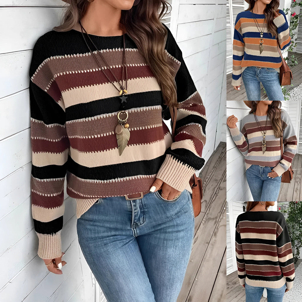 Women's colourblock striped pullover sweater in polyester for autumn and winter.