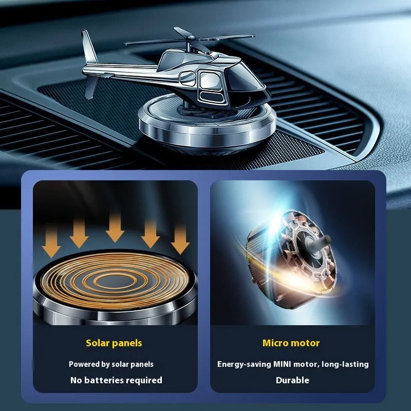 Metal solar-powered rotating helicopter car perfume ornament in three colour options