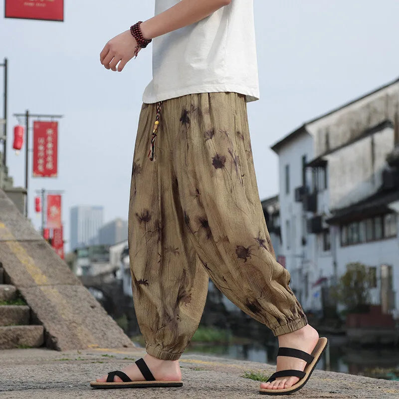 Men's khaki polyester casual trousers, thin breathable full-length summer pants, sizes M to 5XL
